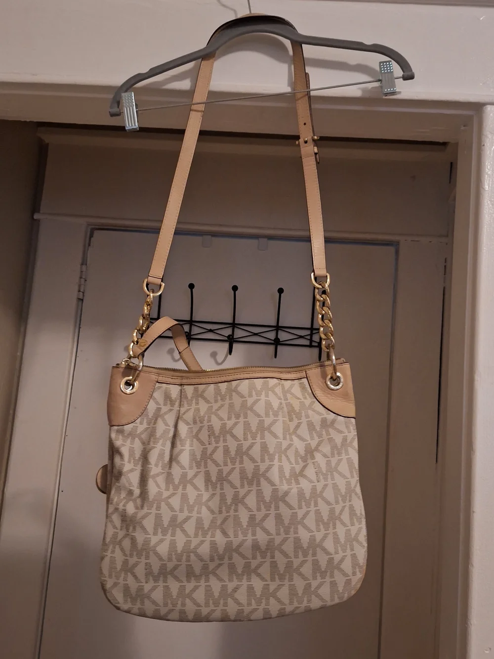 Michael Kors Beige and Tan MK Logo Shoulder Bag with Gold Hardware